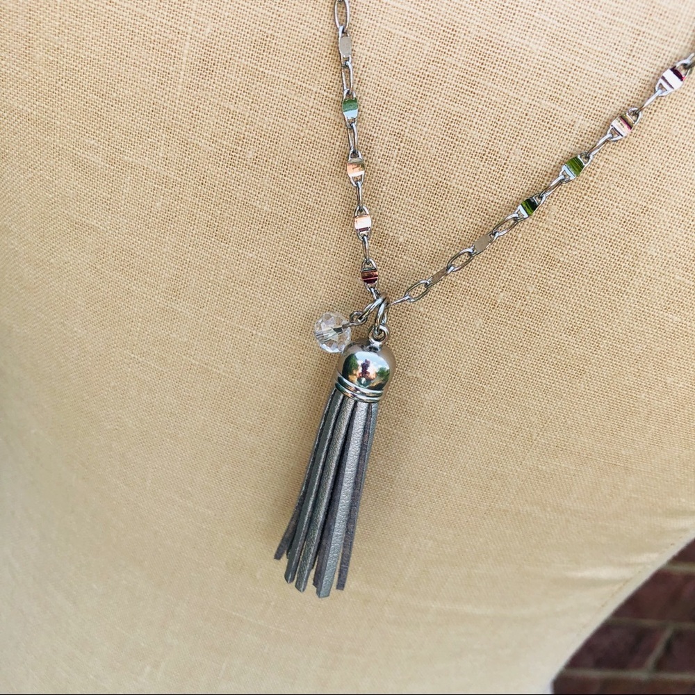 Silver tone & Crystal Necklace Faux Leather Tassel